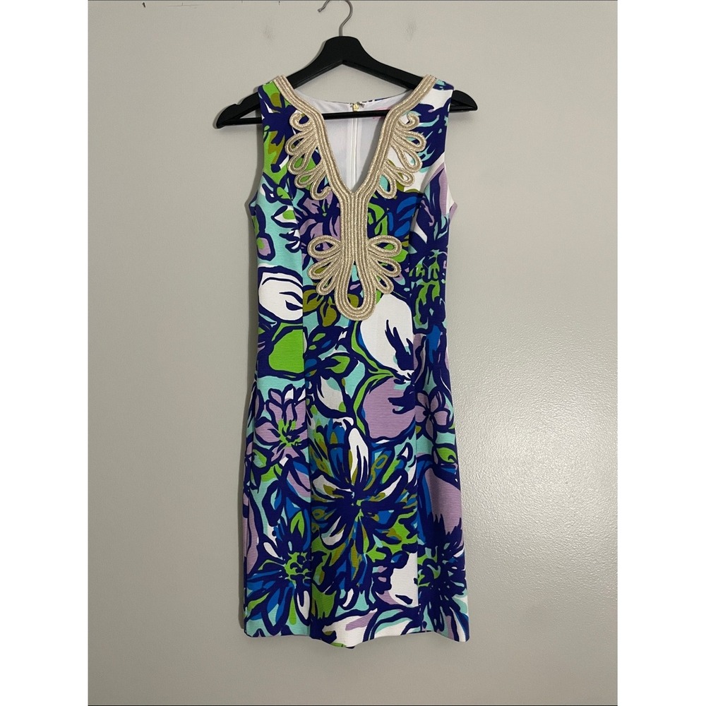 Lilly Pulitzer Shift Dress Textured Cotton Soutache Neckline XS Preppy